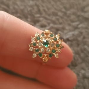 Vintage costume ring, size 6, gold tone with green and clear stones